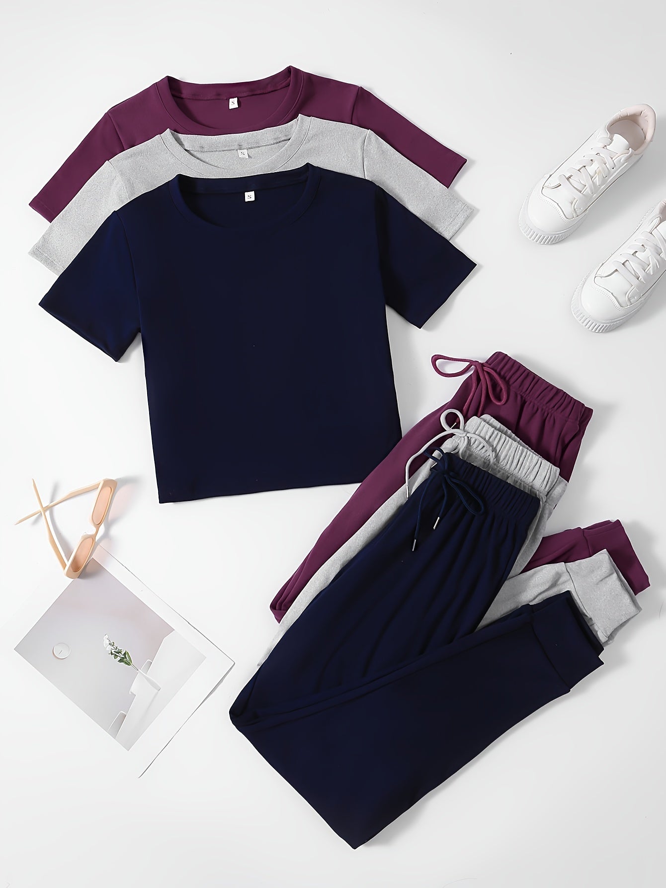 3-Pack Women’s Solid Color Lounge Set – Short Sleeve Crew Neck Tee & Tie-Front Pants, Relaxed Fit Casual Loungewear in Multiple Colors